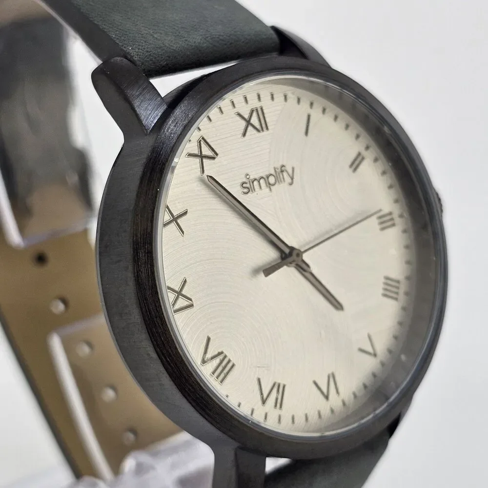 Men's Simplify Watch 42MM Roman Numerals Black Case Gray Dial Leather Bands Work